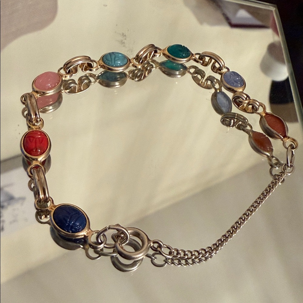 Vintage Gold Tone Multi Colored Molded Glass Scarab Beetle Link Bracelet
